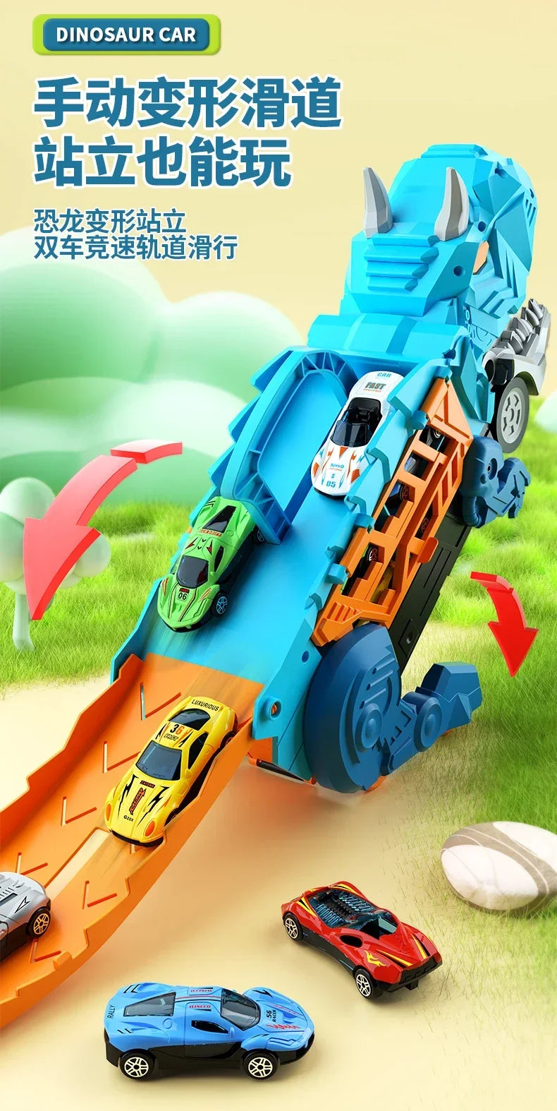 Dinosaur Toys for Kids Boys Ages 3-5, Car Track Set Dinosaur Transport Truck with Diecast Cars that Transform into Dinosaurs