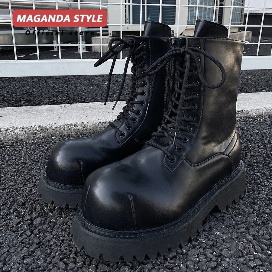 Original short leather boots for men height increasing thick soled color blocked workwear wind-driven motorcycle high top shoes