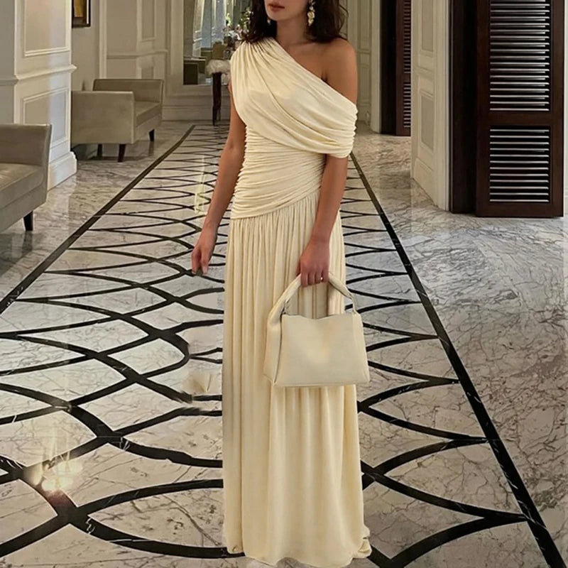Women Fashion Hight Waist Pleat Solid Party Dress Summer Sexy Sleeveless Slim Maxi Dress Elegant Slant Neck Irregular Long Dress