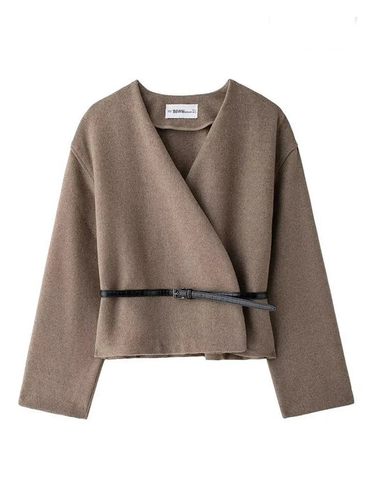 Women's Fashion 2024 fall and winter new elegant high street with belt loose V-neck solid color long-sleeved warm jacket