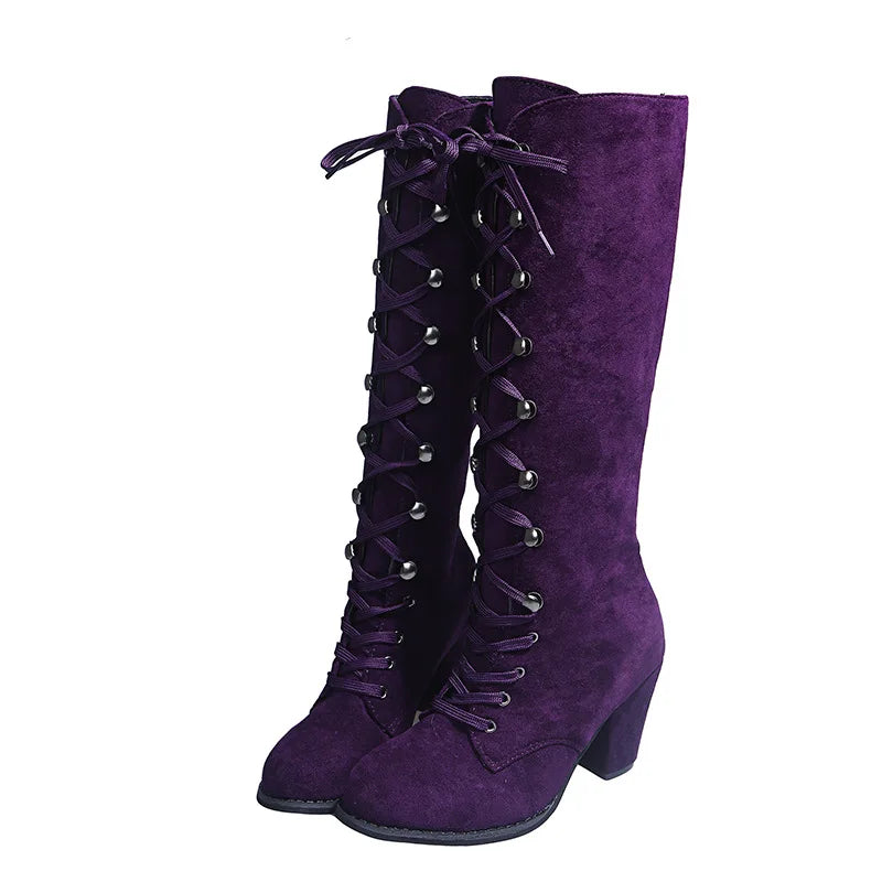 Winter Autumn Woman Knee High Boots Woman Long Boots Lace Up Fashion Sweet Woman Boots Daily Footwear 35-43 Purple Square Heel