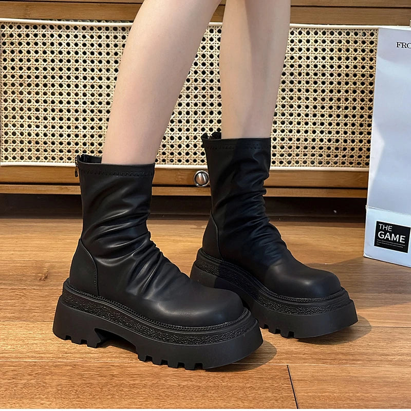 Platform Heel Women Short Booties Fashion Back Zippers Ankle Booties Retro Style Autumn Winter Female Shoes