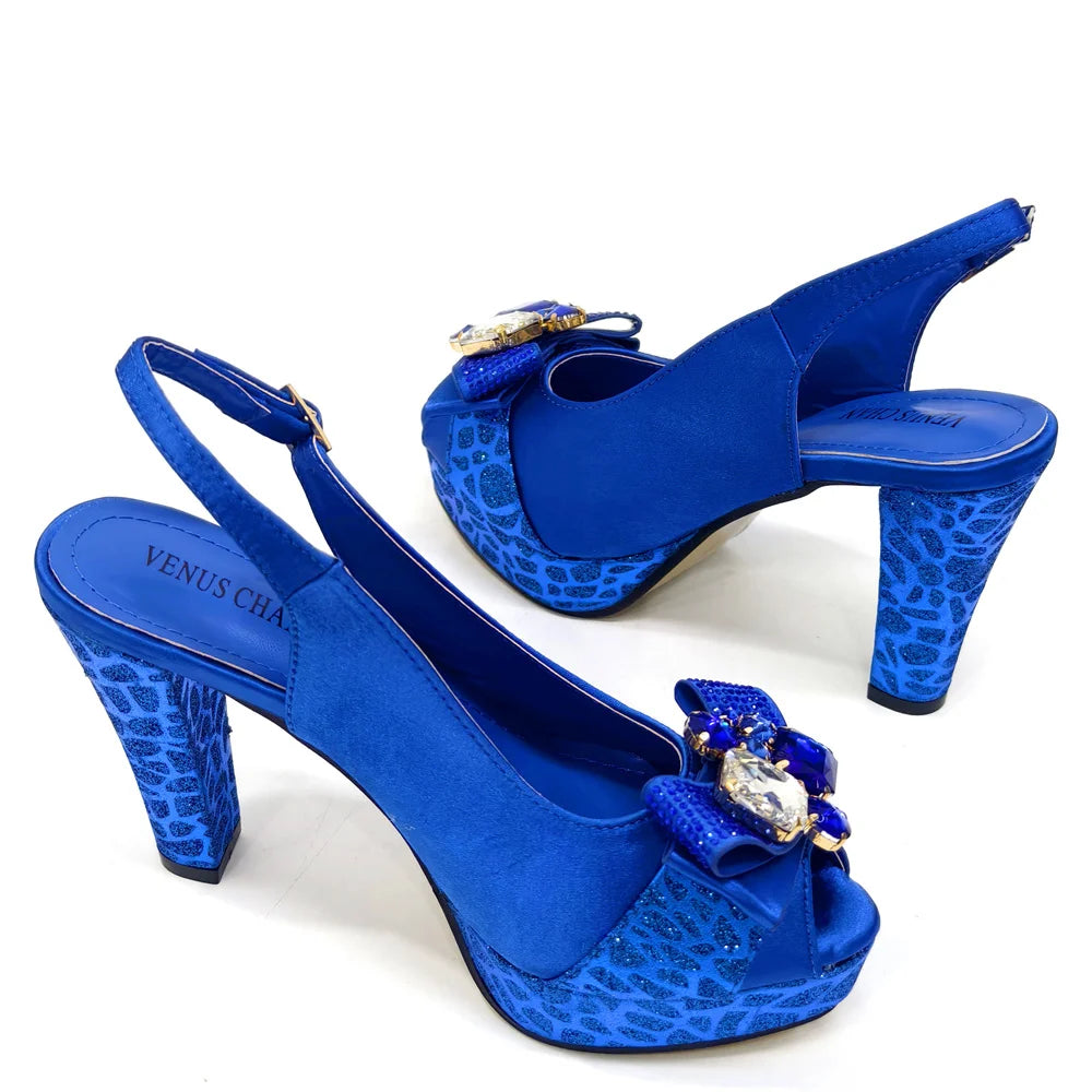 Venus Chan Nigerian Women Heel Party Shoes and Bag Set Royal Blue Colour Rhinestone Handbag Italian Design Wedding INS 2024