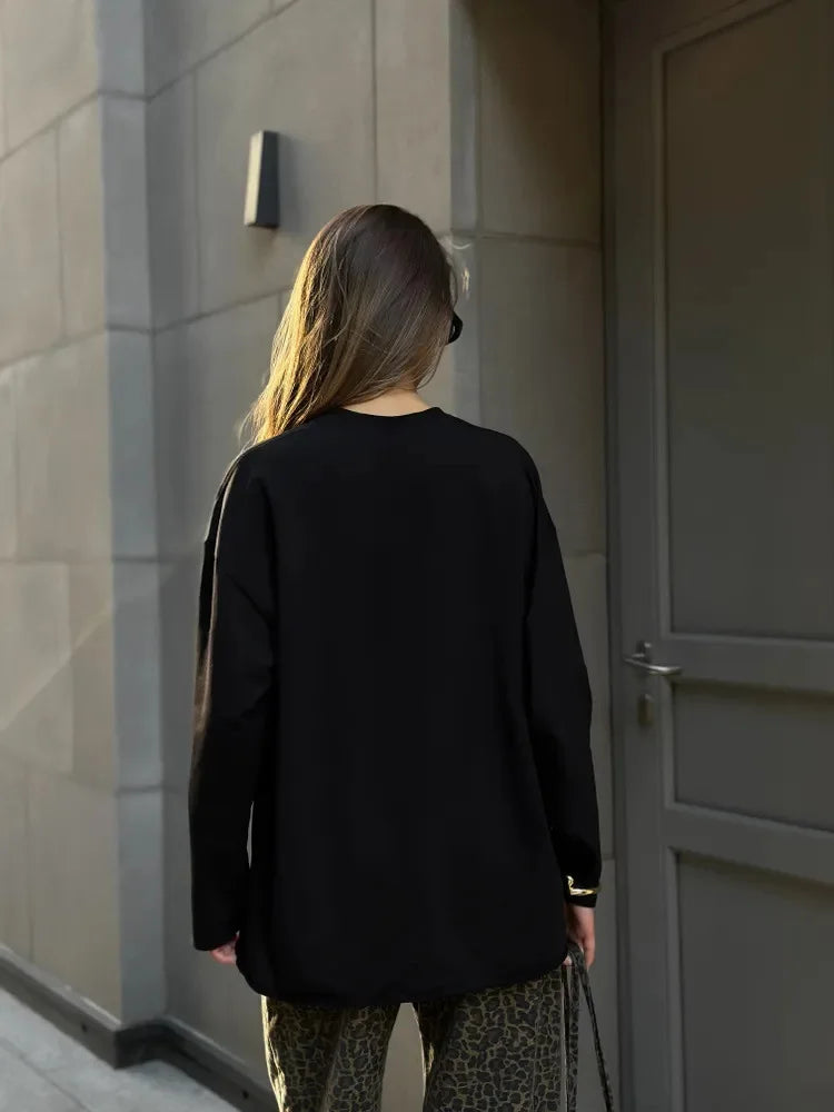 Women's Clothing Spring Loose Solid Color Round Neck Long Sleeve Tops Casual Fashion Simple Style All-match Trendy Comfortable