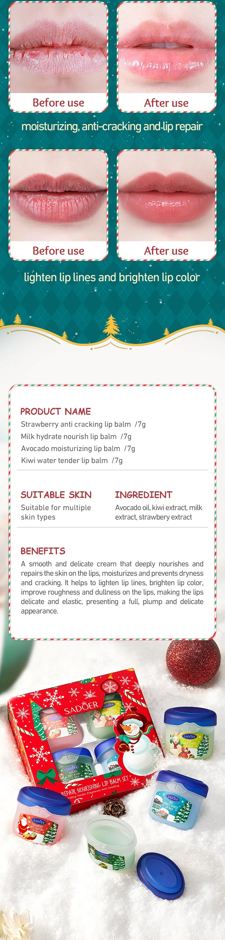 Christmas Gift Box,Lip Balm 4PCS/box Lip Makeup Set, Durable Moisturizer, Christmas Women's Gift Nourishing Lipstick Skin Care