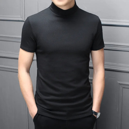 Mens Fashion T-shirt Mock Turtleneck Solid Knit Pullover Sweater Short Sleeve Casual Solid Color Dating Slim Fit Tops Undershirt