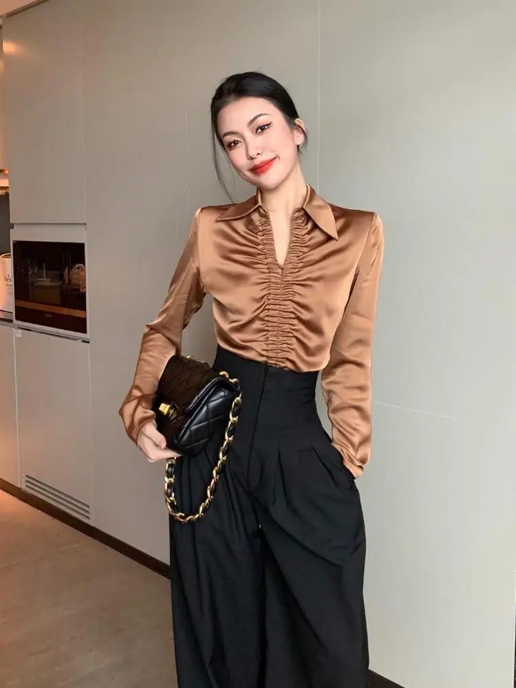 Women French Style Vintage Satin Luxury Designer Shirts Spring Autumn Fashion Elegant Blouse V Neck Long Sleeve Tops Chic Blusas SwiftNest