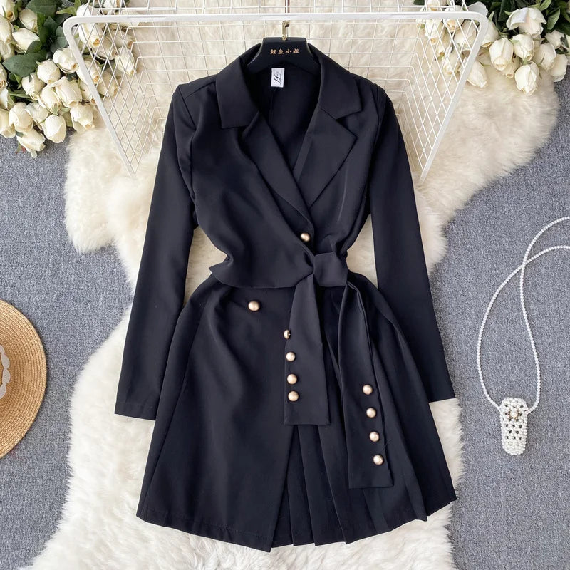 Women's Fashion Trendy Office Coat Dress Ladies Age Reduce Suit Collar Strap Tight Fit Short Pleated Long Sleeve Dress Coat