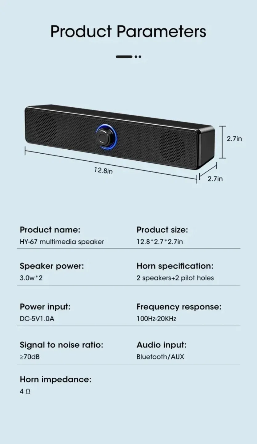 Bluetooth Computer Soundbar Speaker With Dual Speakers Powerful Bass Wired/Wireless Connection For PC Laptop Desktop