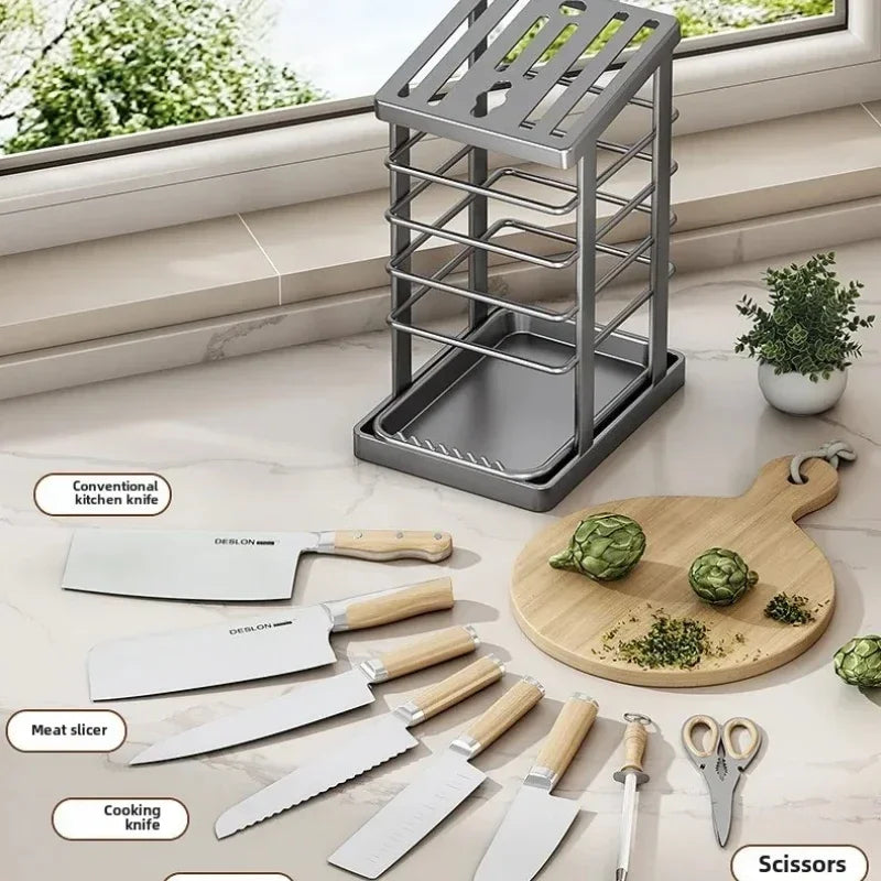Kitchen Countertop Companion: Multi-function Dish Rack, Knife Holder and Tool Storage with Drain Tray