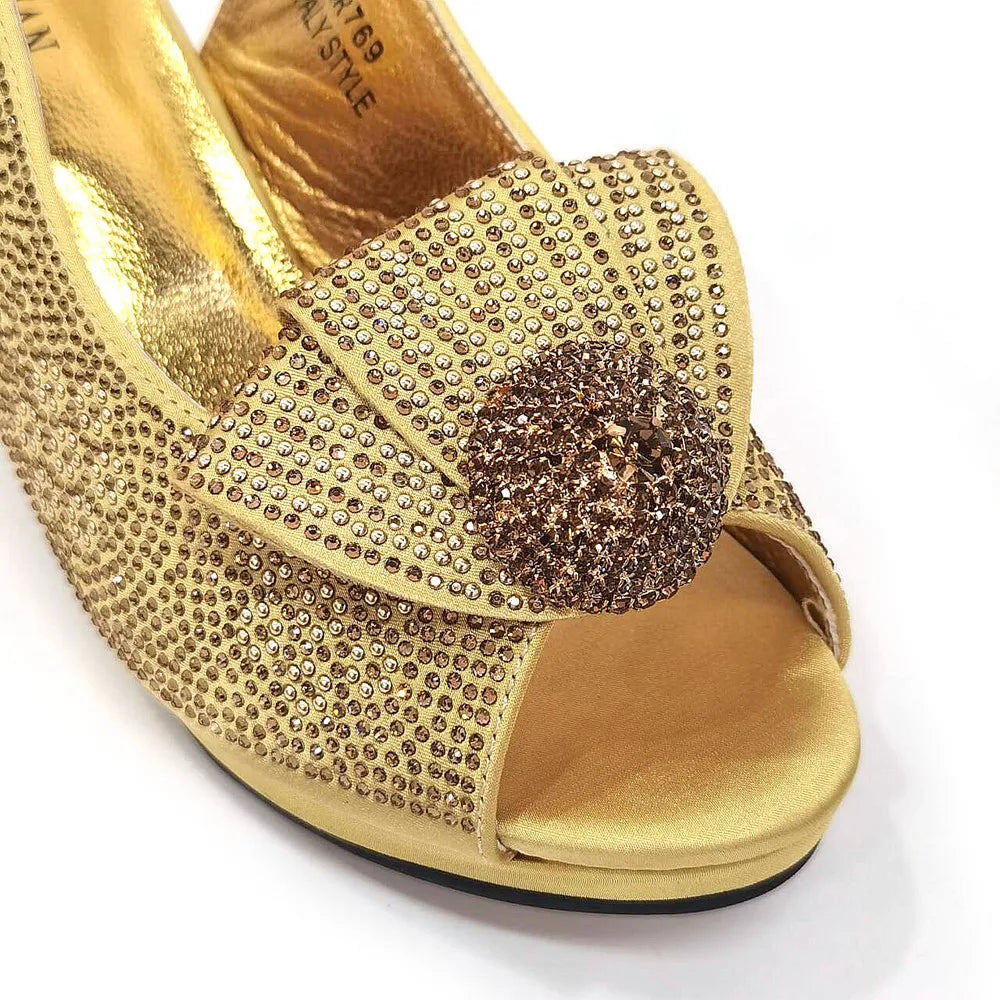 Venus Chan 2024 Italian Design Girly Style Golden Color Wedding Shoes And Bag Full Diamond Decoration Metal Closure Bags