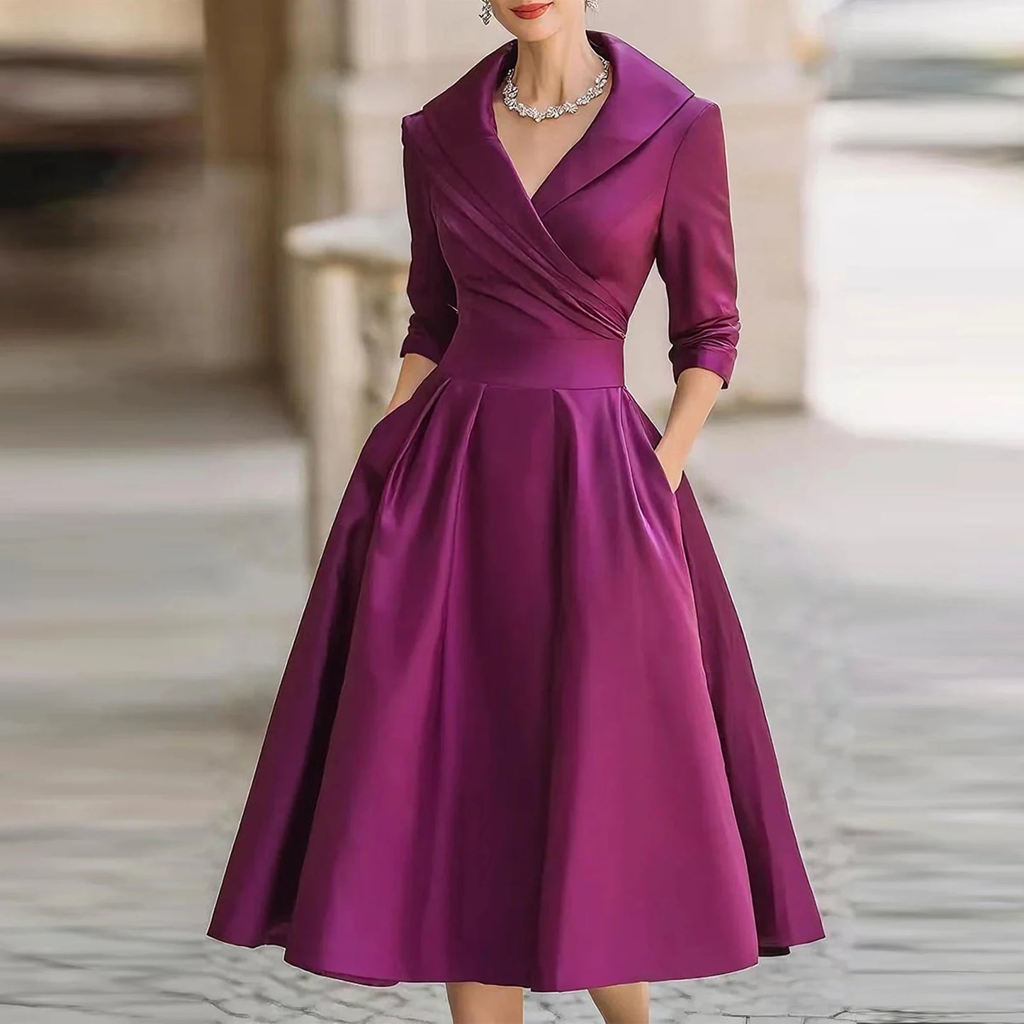 Women's Casual Fashion V-neck Retro Dress Elegant Waist Slimming Long-sleeved Party Dress Solid Color High Waist Commute Dress
