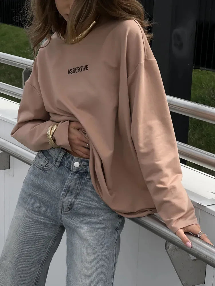 Women's Clothing Spring Loose Solid Color Round Neck Long Sleeve Tops Casual Fashion Simple Style All-match Trendy Comfortable