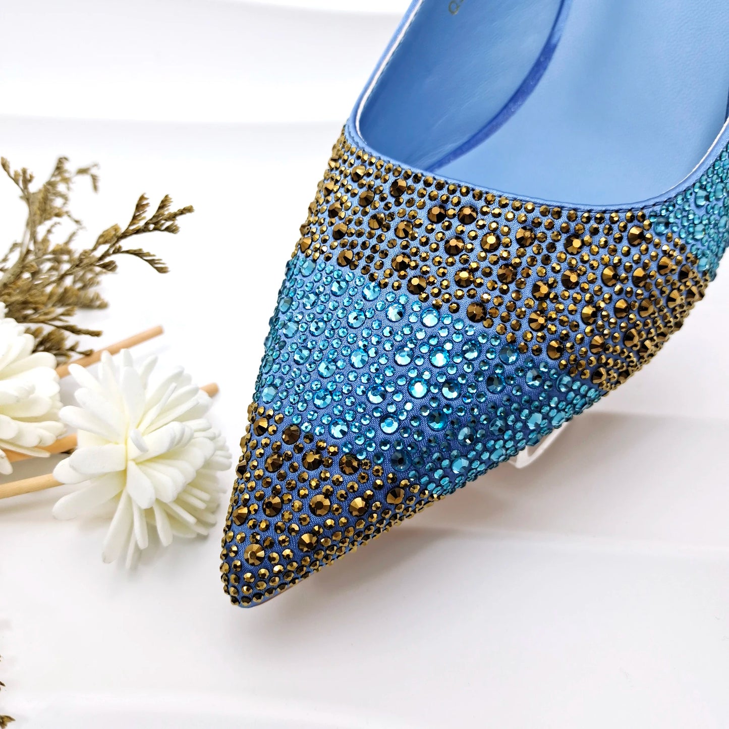 New Italian Design Stylish And Elegant Sky Blue Rhinestone Embellished Satin Pointy Toe Pumps And Clutch Bag