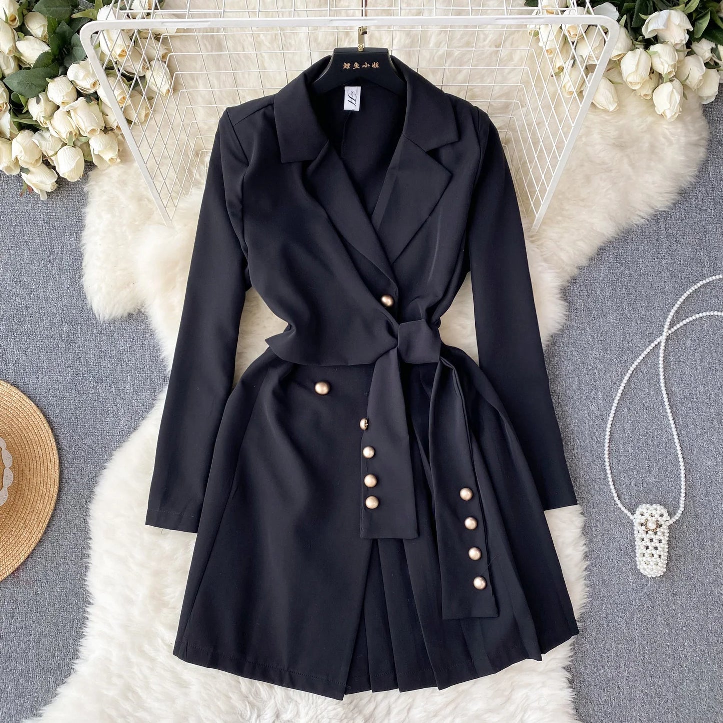 Women's Fashion Trendy Office Coat Dress Ladies Age Reduce Suit Collar Strap Tight Fit Short Pleated Long Sleeve Dress Coat