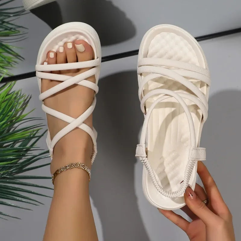 Ladies Shoes on Sale 2025 Narrow Band Women's Sandals Platform Casual Sandal Women Elastic Band Round Toe Flat with Shoes Female