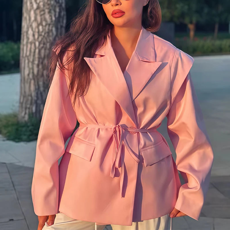 Womens Fashion Blazer Wide Shoulders Waist Tie Long Sleeve Blazer Stylish And Versatile Suitable For Workplace And Casual Wear