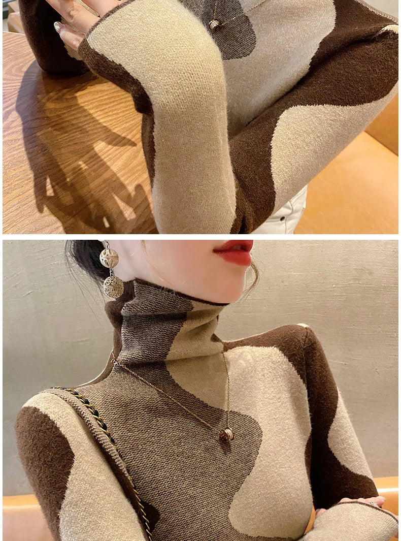 Women Clothing Vintage Fashion Slim Turtleneck Sweaters Autumn Winter Elegant Chic Patchwork Knit Pullovers Office Lady Tops