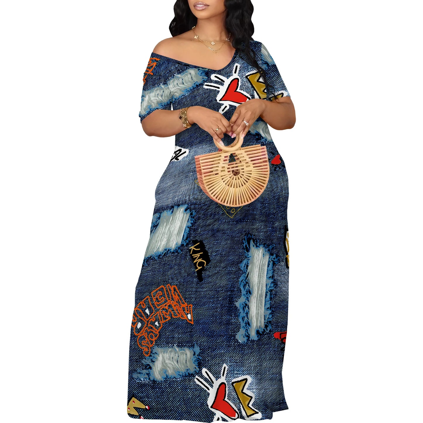 Women's Fashion  Printed Short Sleeve Long Dress Sexy Off Shoulder Backless Bodycon Split Cocktail Party Dress ﻿