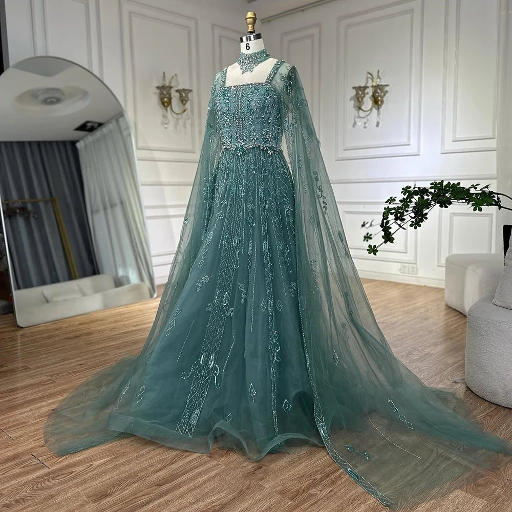 Serene Hill 2025 Arabic Nude A Line Cape Sleeve Crystal Beaded Luxury Evening Dresses Gowns Formal Occasion Customize BLA72764