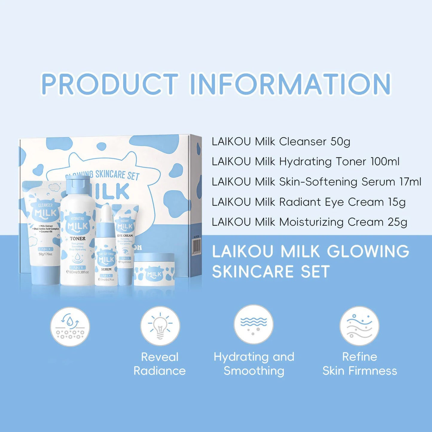 Milk Brightening 5-Piece Skincare Set - Hydrating & Brightening Includes Cleanser Toner Serum Eye Cream Moisturizer