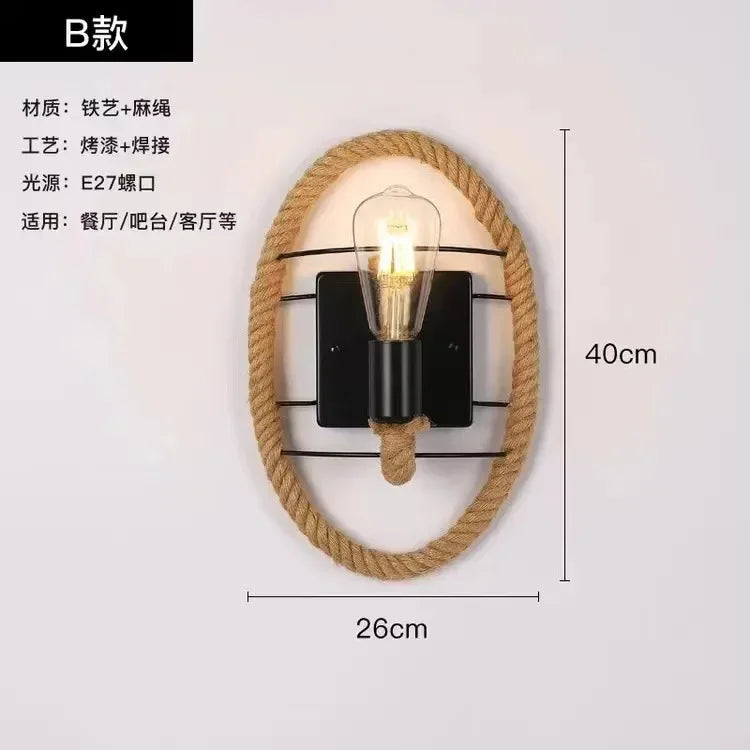 Bedside bedroom decorative wall lamp retro staircase hallway iron hemp rope lamp American industrial style Sconce lamp