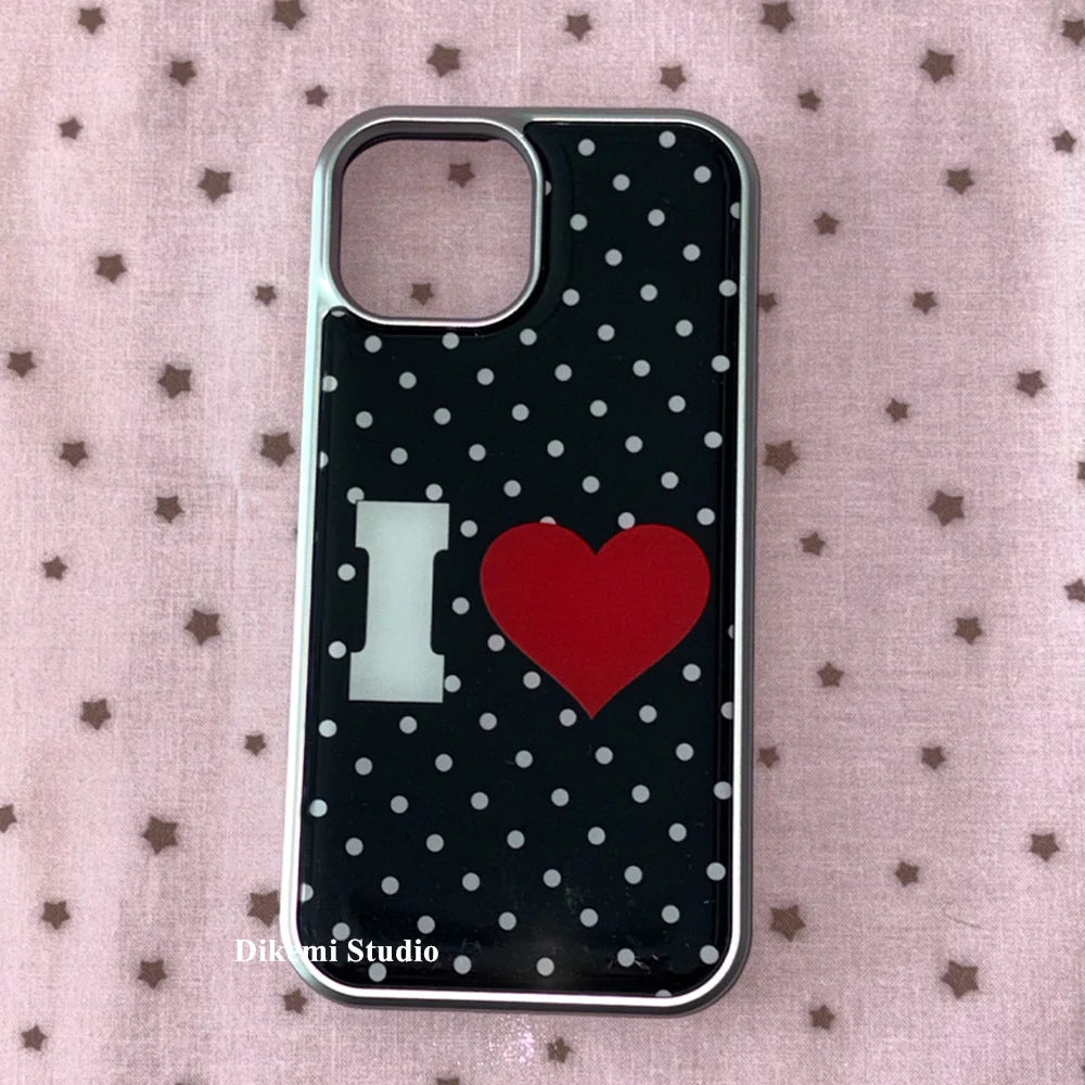 Korean Ins Black White Polka Dot Cute Red Love Kawaii Phone Case For iPhone 16 E 15 14 13 12 11 Pro Max XR XS 7 8 Plus Y2K Cover