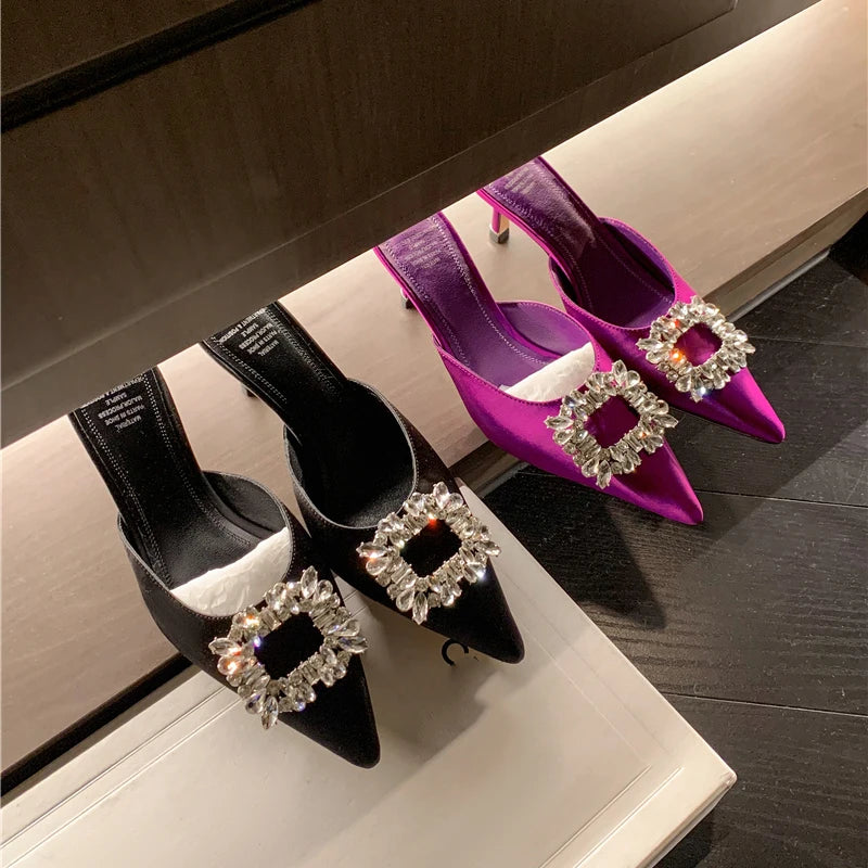 Drestrive 2022 Fashion Mules Crystal Knot Pointed Toe Women's Pumps Thin High Heel Summer Shoes Purple Dress Satin