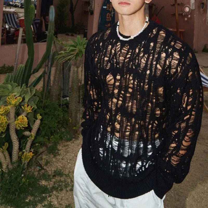 【 Fashion Items 】 Men's Laid-back Style Openwork Long-sleeved T-shirt , See-through Tattered Style Long-sleeved Knitted Sweater