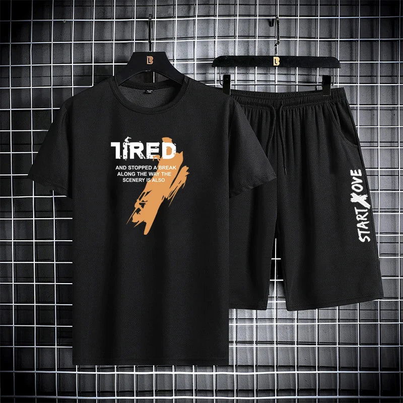 2025 Summer Outdoor Sports Suit Men's Short-sleeved Shorts Casual Fashion Two-piece Set Breathable Quick-drying Fitness Clothes