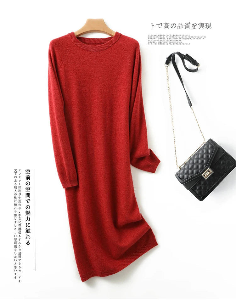 2022 Autumn Winter New Women Fashion Dress 100% Wool Warm Sweater Dress Long Sleeve Knitted Pullover Female Casual Dresses SwiftNest