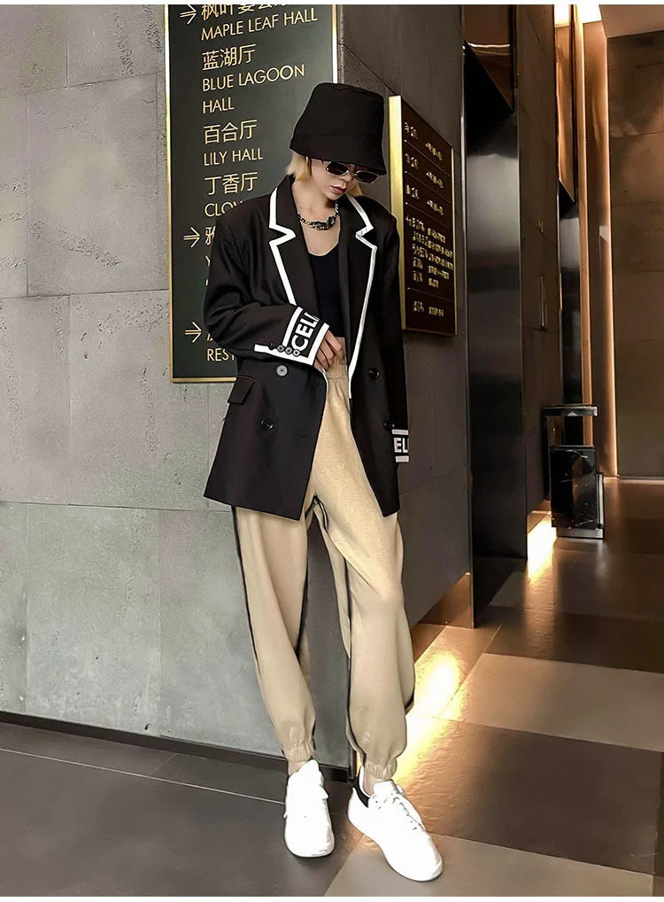 Women Fashion Jacket Wedding Casual Business High Quality Black Blazer Suit Coat Ladies Double Breasted Letter Long Sleeve Tops