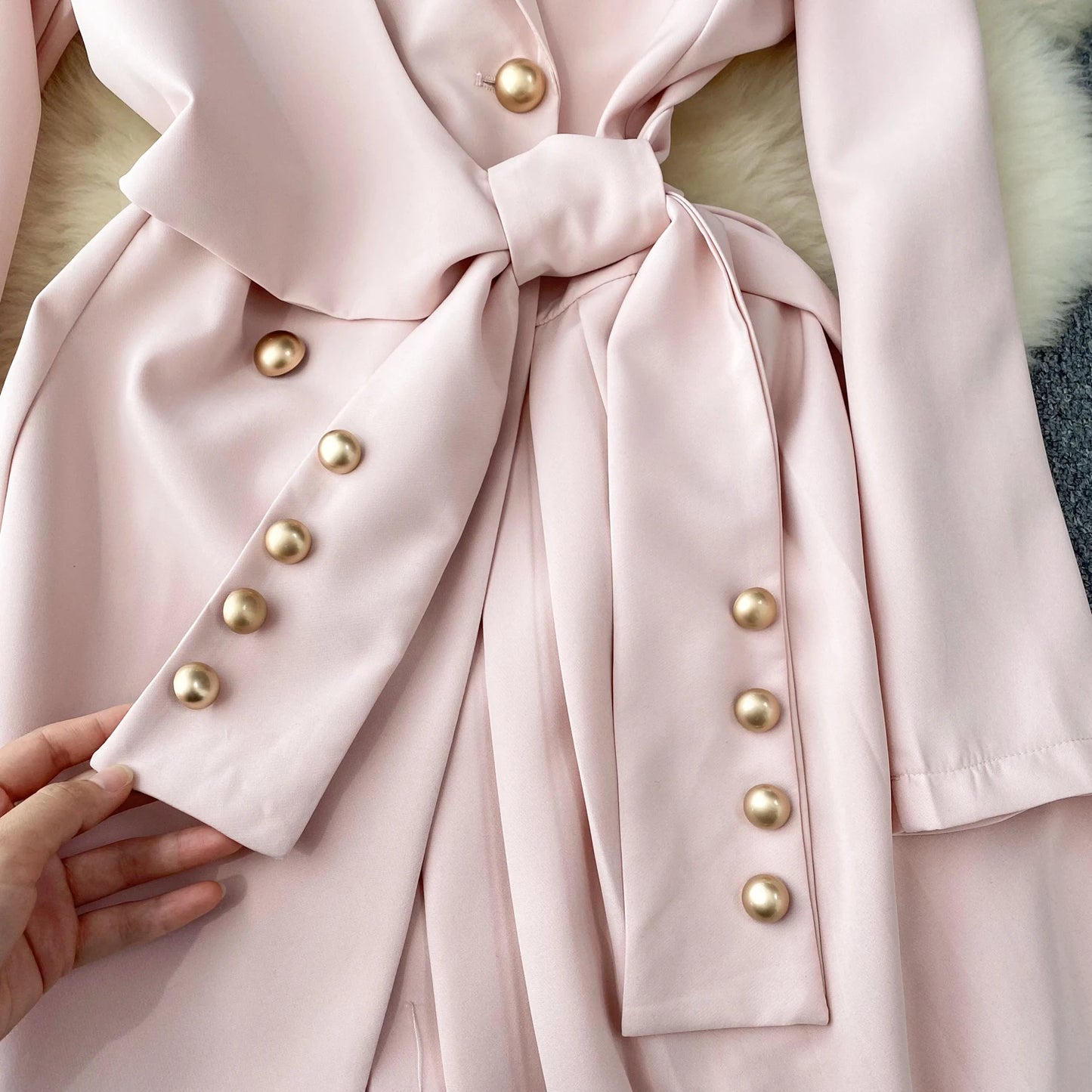 Women's Fashion Trendy Office Coat Dress Ladies Age Reduce Suit Collar Strap Tight Fit Short Pleated Long Sleeve Dress Coat