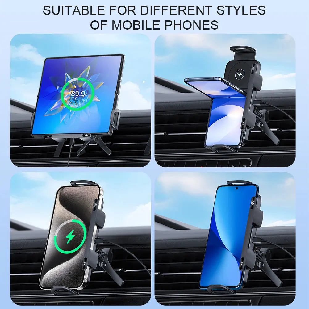 15W Car Wireless Charger Dual Coil Fold Screen Phone Holder Touch Rotation Phone Mount for Smartphone/Pad/Foldable Phone/Tablet