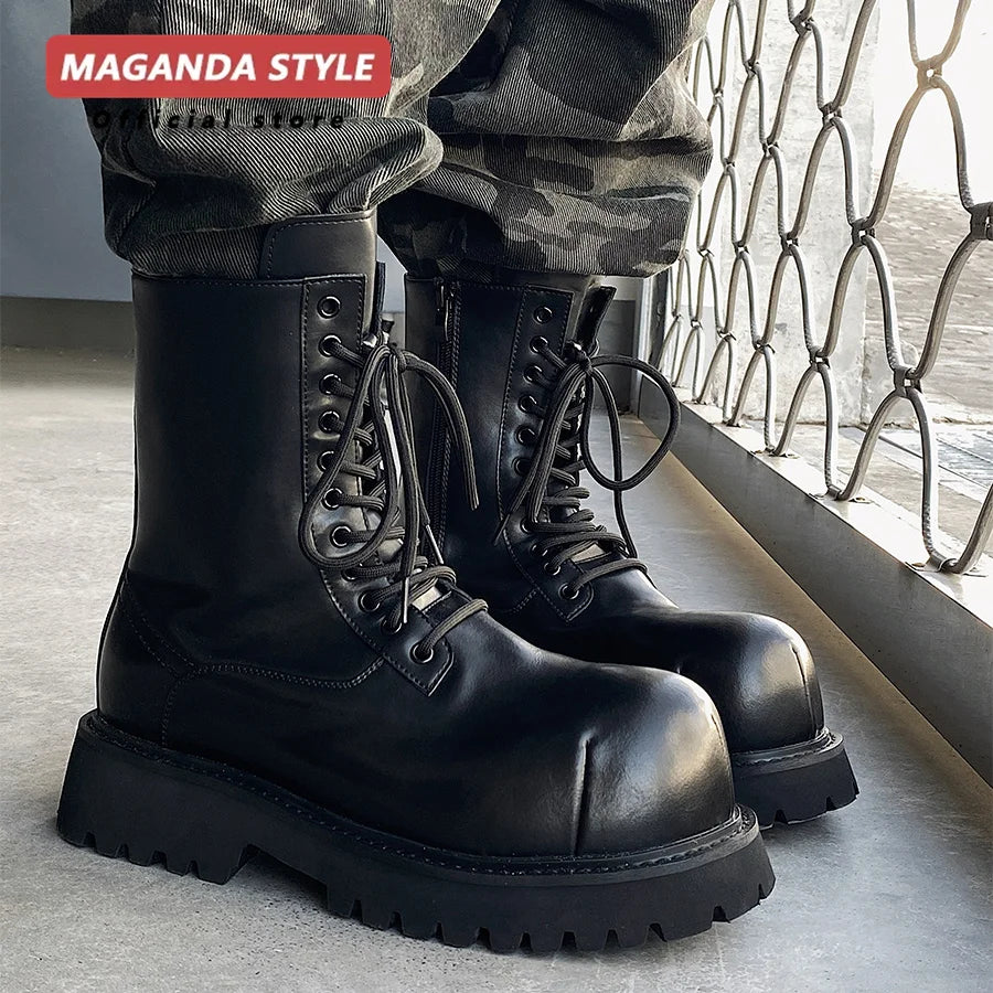 Original short leather boots for men height increasing thick soled color blocked workwear wind-driven motorcycle high top shoes