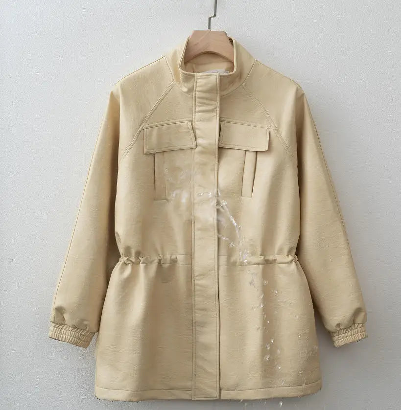 جاكيت نسائي من الجلد الصناعي لخريف/شتاء 2025 مع خصر مطاطي قابل للتعديل ومعطف نسائي وملابس خارجية