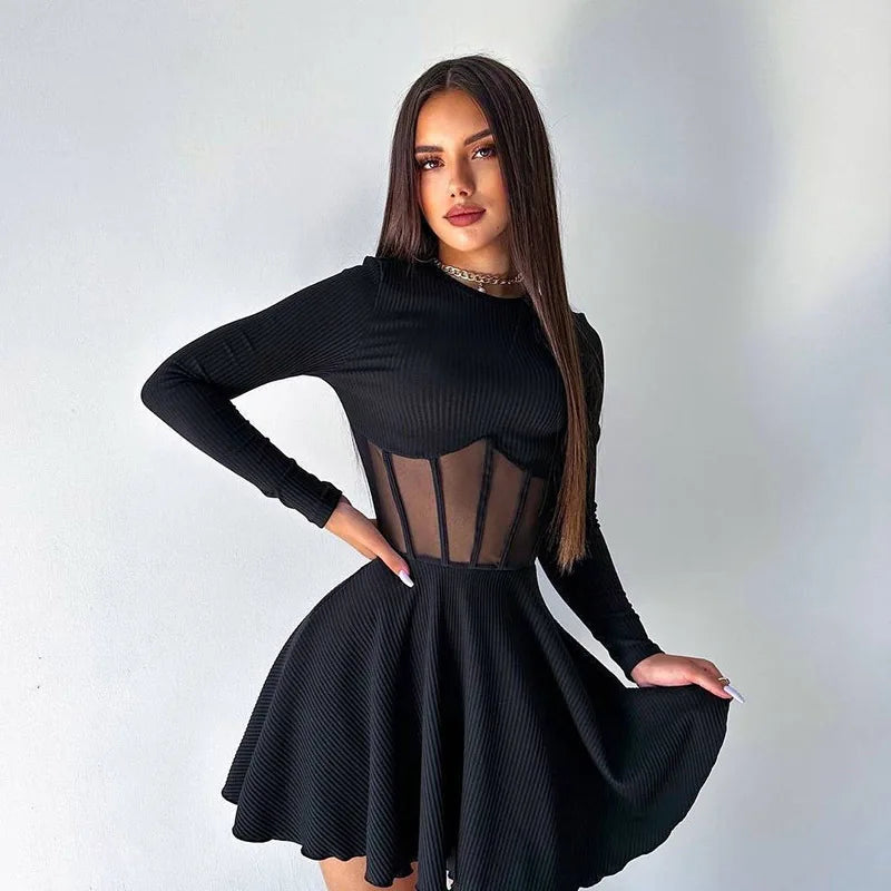 Women Fall Fashion A Line Dress Long Sleeve Crew Neck Stunning Mesh Splicing Corset Dress Y2K Going Out Night Club Party  Dress SwiftNest