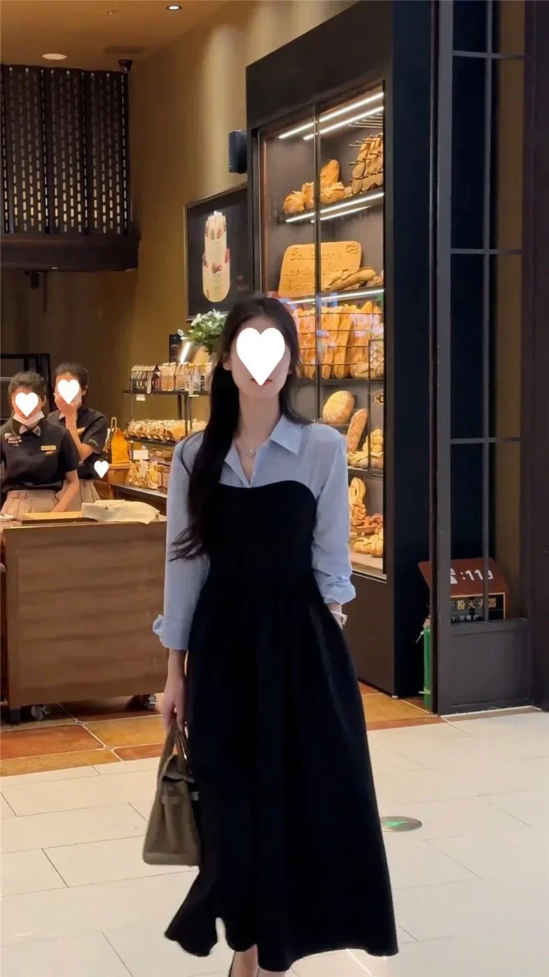 Women's Fashion Two-piece Illusionshirt Black Long Sleeve Dress High-end Feel Matching Set