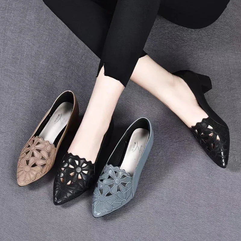 Flowers Hollow Sandals Women Retro Pointed Toe Chunky High Heels Breathable Fashion Ladies Shoes Zapatillas Mujer 2023