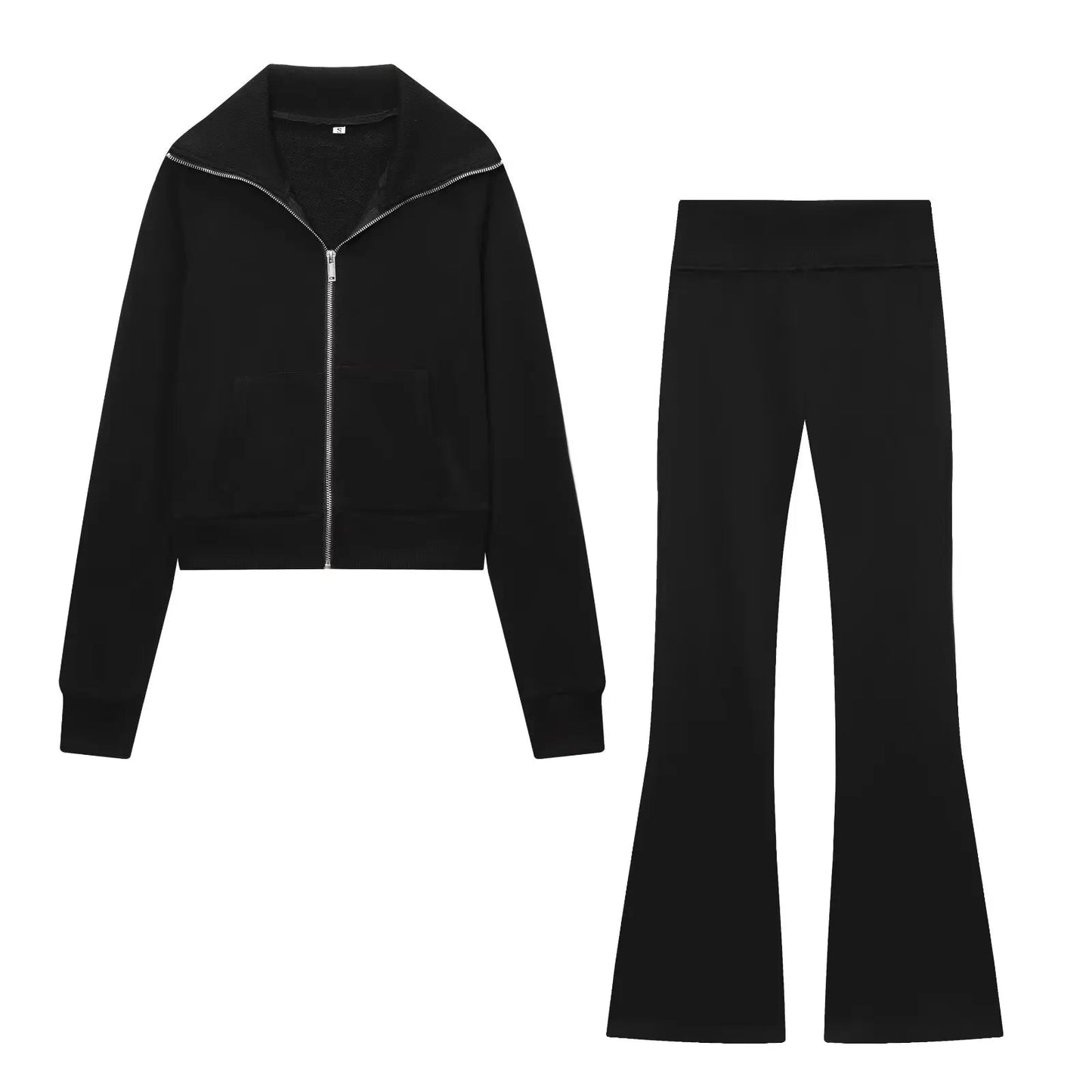 HH Women Autumn Fashion Sets Solid Turn-Down Collar Long Sleeves Pockets Zipper Slim Short Coat+Casual Elastic Waist Long Pants SwiftNest
