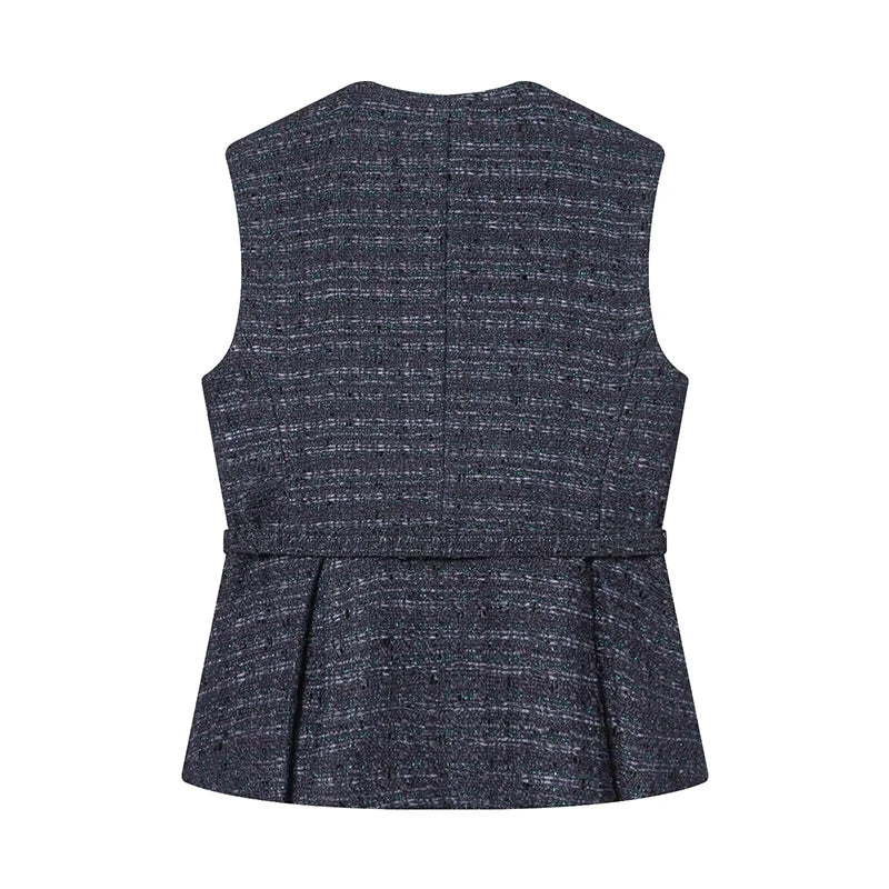 Women's Waistcoat Fashion With Belt O-Neck Sleeveless Vests Vintage Female Outerwear Chic Tops