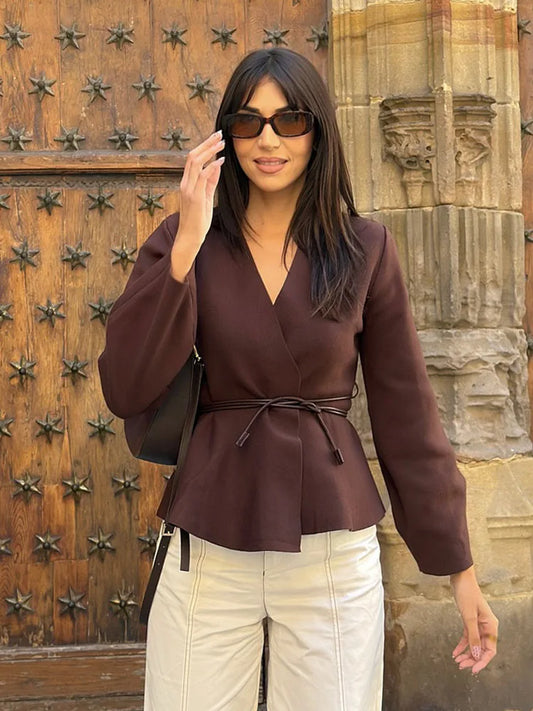 سترة نسائية أنيقة من HH برقبة على شكل حرف V وحزام مزخرف بنمط خريفي غير رسمي بأكمام طويلة محبوكة عصرية