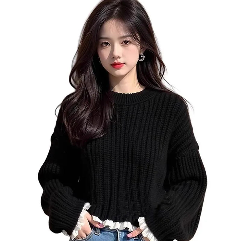 Women's Clothing Fashion Sweet Splicing Fake Two Sweaters Autumn Winter New Elegant Solid Folds Side Sweaters Lady O-neck Tops