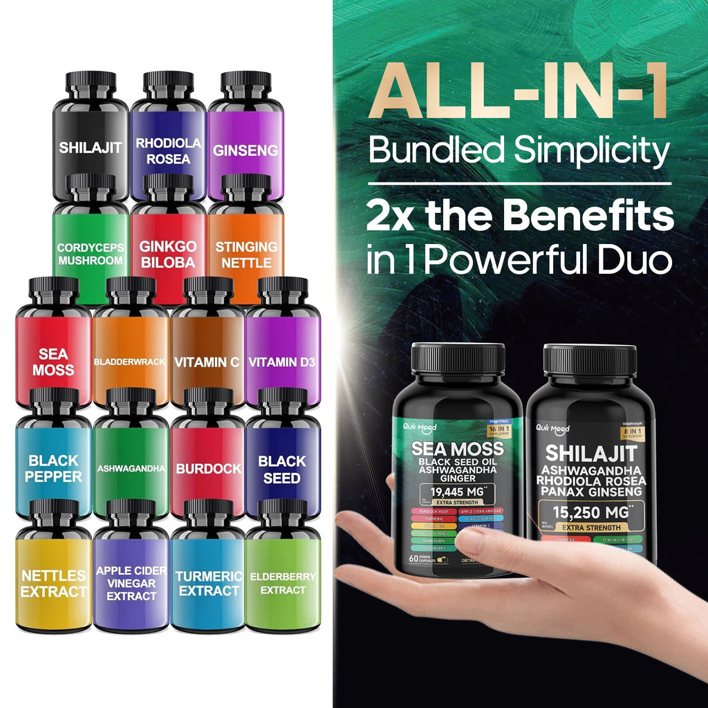 مجموعة الطحالب البحرية والشيلاجيت، 120 كبسولة، مع الطحالب البحرية، وزيت حبة البركة، والأشواغاندا، والزنجبيل، وجذر الأرقطيون، والكركم، والفلفل الأسود