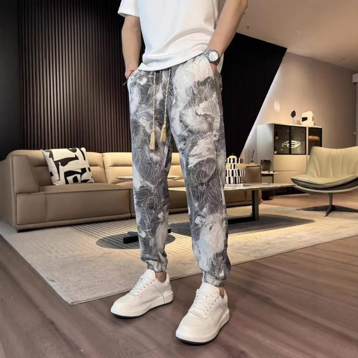 New Fashion  Spring Summer Men's  Straight Casual Pants Fashion Pocket Drawstring Guofeng Printing Breathable  Sports Trousers