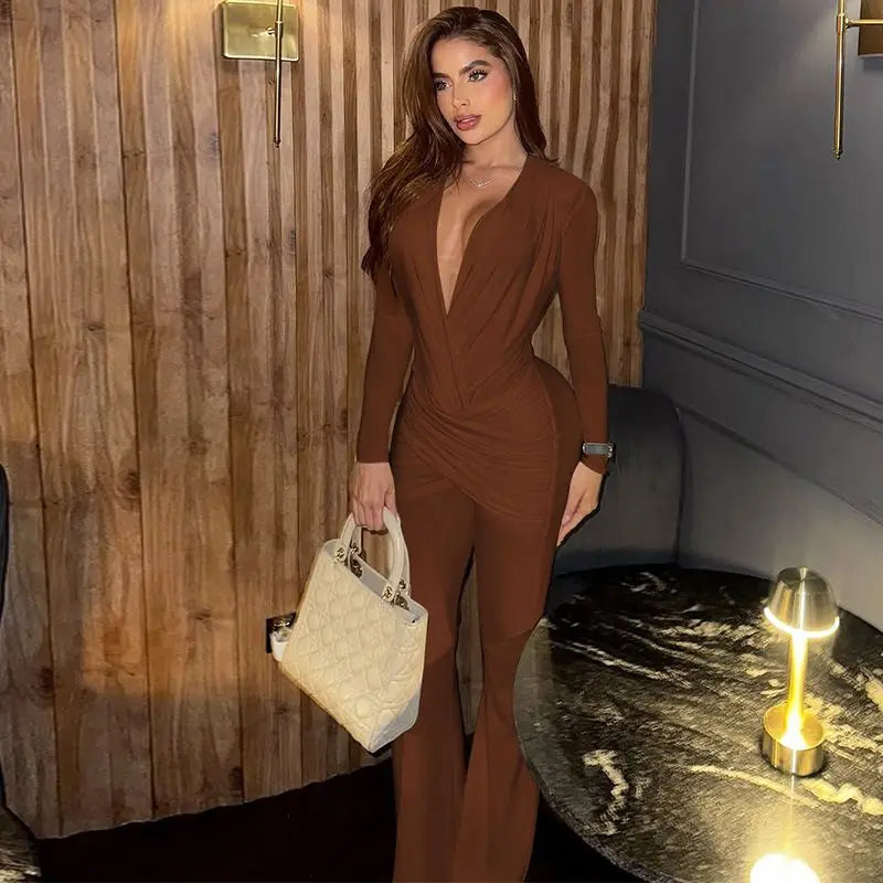 Women's Clothing 2025 Autumn Solid Color Long-sleeved Deep V-neck Fashion Pleated Slim-fit Jumpsuit