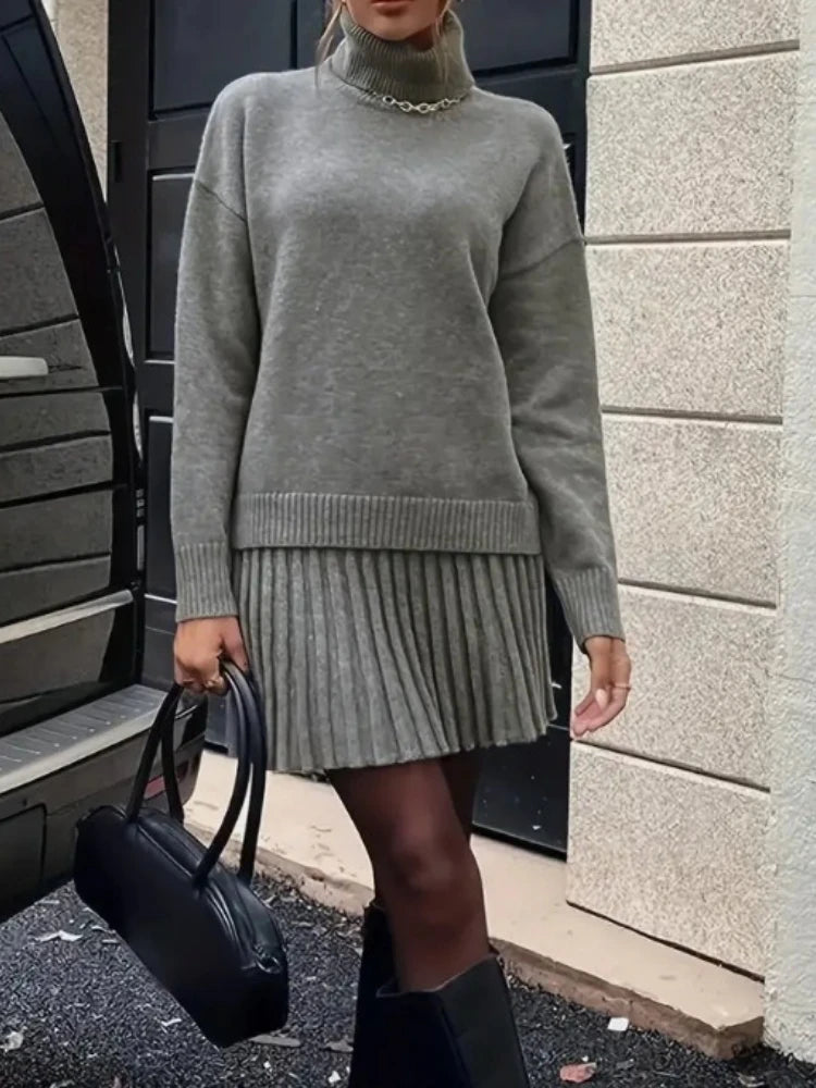 Women's Clothing Autumn Winter New Solid Color Fashion Casual Suit Turtleneck Knitted Long-sleeved Short Skirt Two-piece Set
