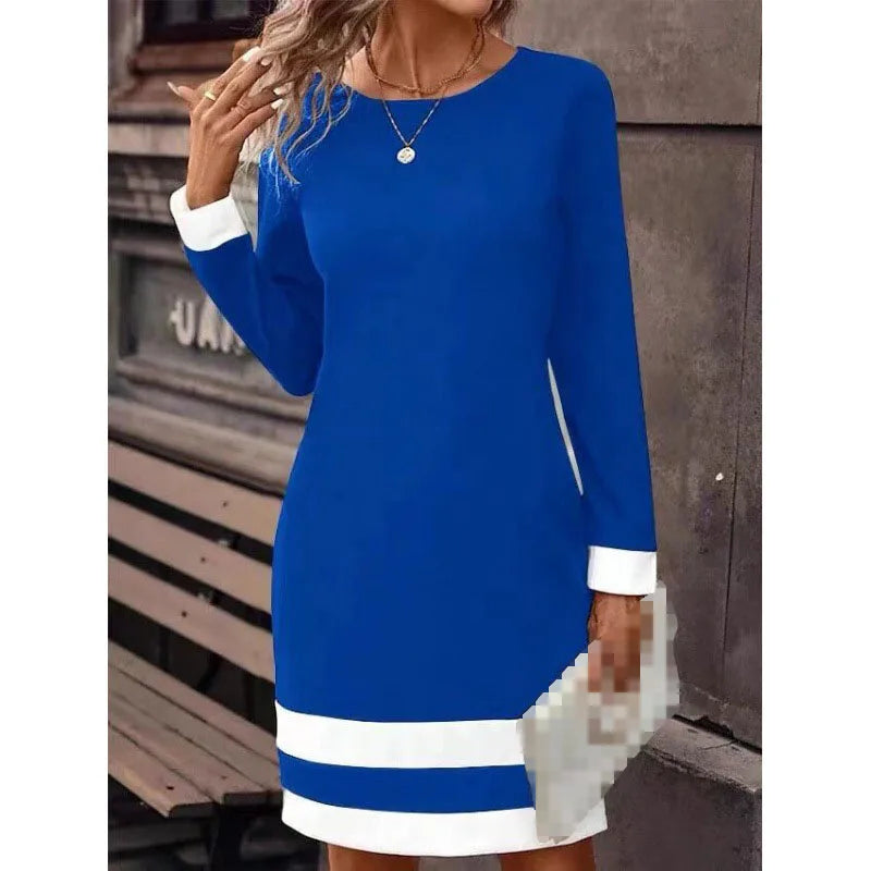 Women's New Autumn Winter Fashion Sexy Tight Fitting Color Blocked Dress Long Sleeved Round Neck Women's Clothing