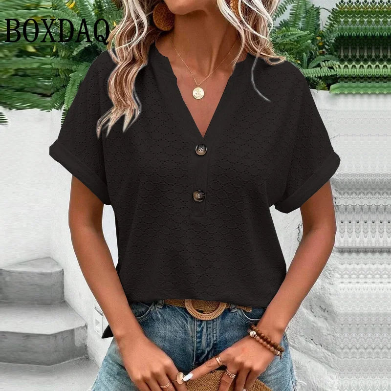 Women Summer Trendy Simple Casual Fashion Button T Shirt V Neck Short Sleeve Solid Loose Pullover Tops Plus Size Ropa De Mujer