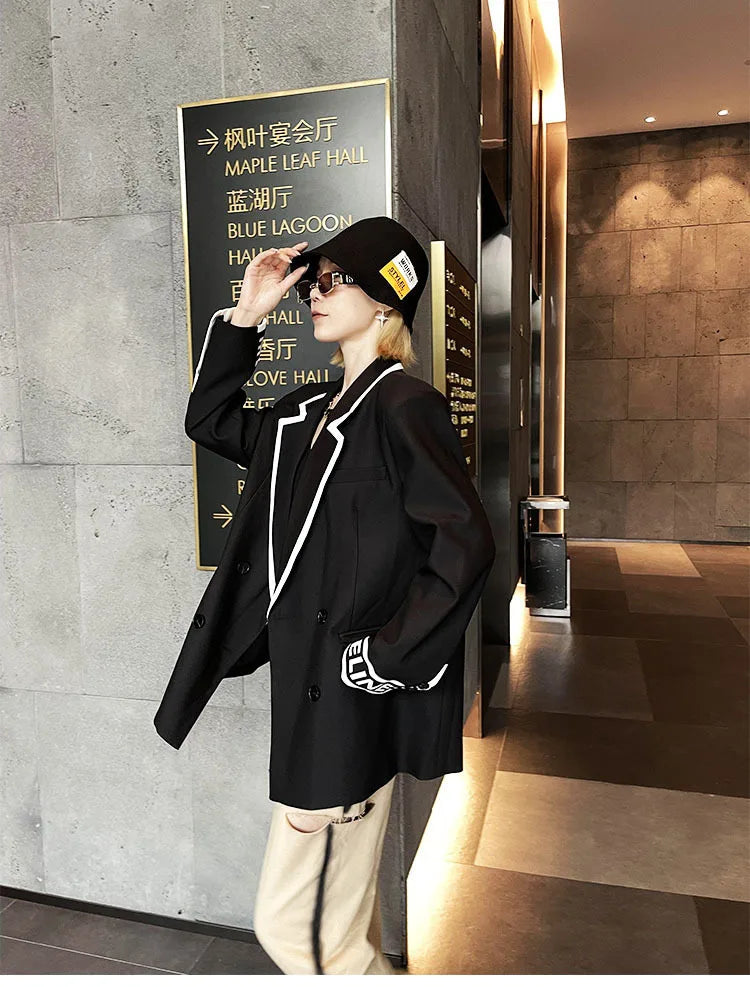 Women Fashion Jacket Wedding Casual Business High Quality Black Blazer Suit Coat Ladies Double Breasted Letter Long Sleeve Tops